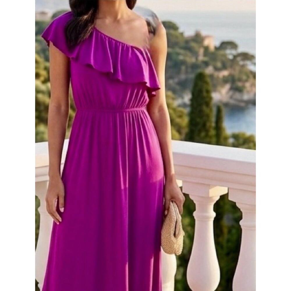 G by Giuliana Fuschia One-Shoulder Ruffled Maxi Dress Size Large